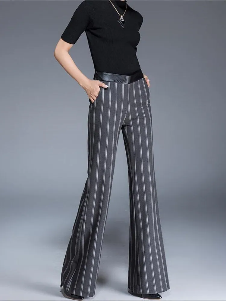 Women's Winter Office Casual High Waist Full Length Stripe Flare Pant