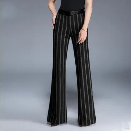 Women's Winter Office Casual High Waist Full Length Stripe Flare Pant