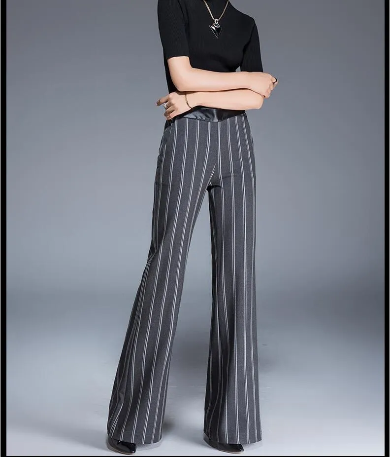 Women's Winter Office Casual High Waist Full Length Stripe Flare Pant