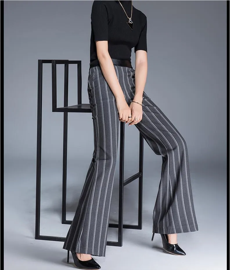 Women's Winter Office Casual High Waist Full Length Stripe Flare Pant