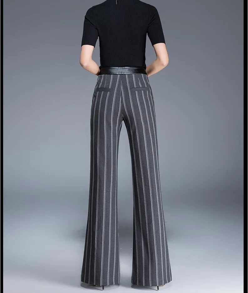 Women's Winter Office Casual High Waist Full Length Stripe Flare Pant