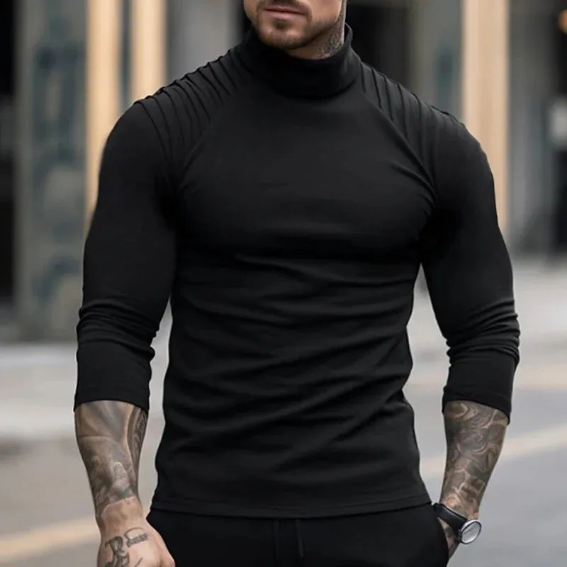 Xituodai Patchwork Pleated Long Sleeve Men Slim Tops Male Autumn Winter Streetwear Basic Pullovers Casual Turtleneck Solid Tees 