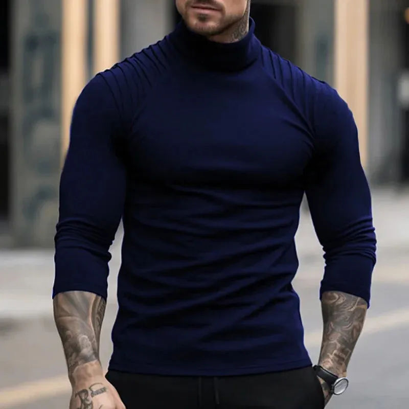 Xituodai Patchwork Pleated Long Sleeve Men Slim Tops Male Autumn Winter Streetwear Basic Pullovers Casual Turtleneck Solid Tees 