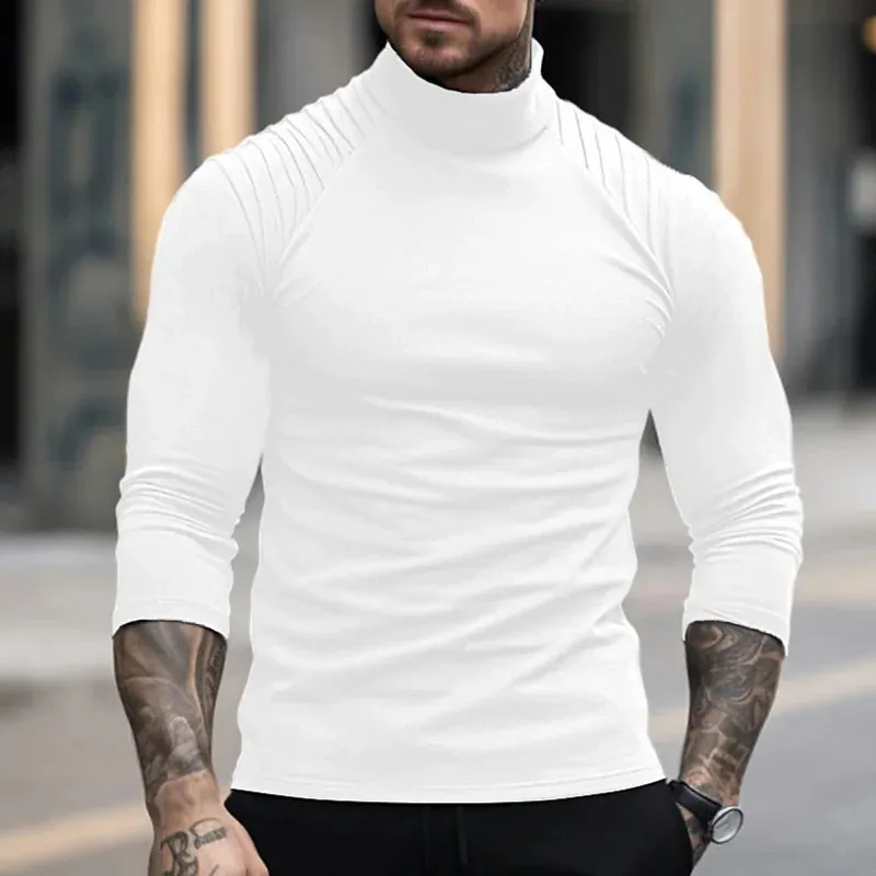 Xituodai Patchwork Pleated Long Sleeve Men Slim Tops Male Autumn Winter Streetwear Basic Pullovers Casual Turtleneck Solid Tees 