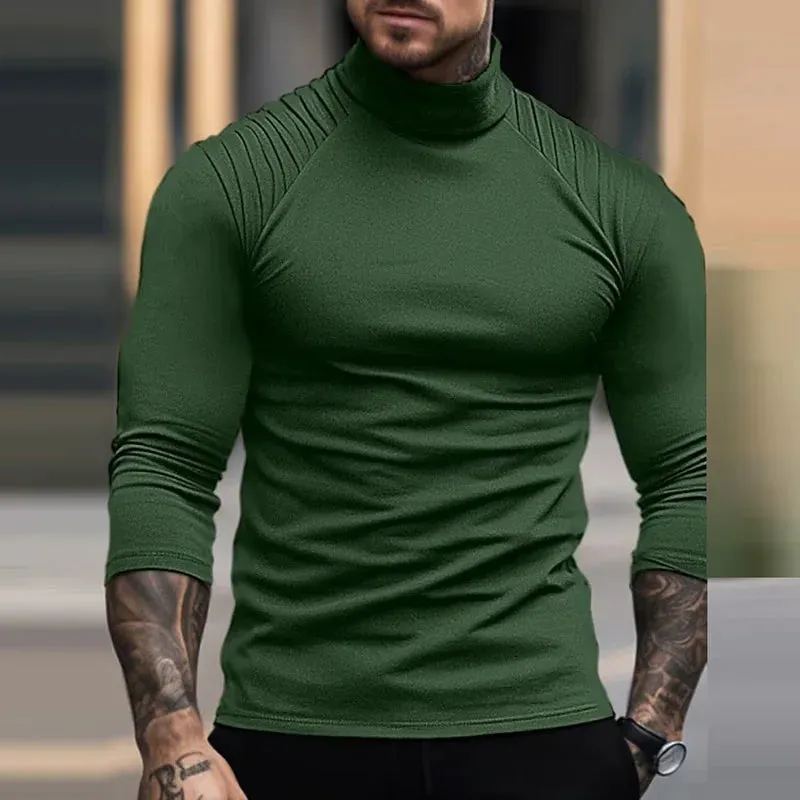 Xituodai Patchwork Pleated Long Sleeve Men Slim Tops Male Autumn Winter Streetwear Basic Pullovers Casual Turtleneck Solid Tees 