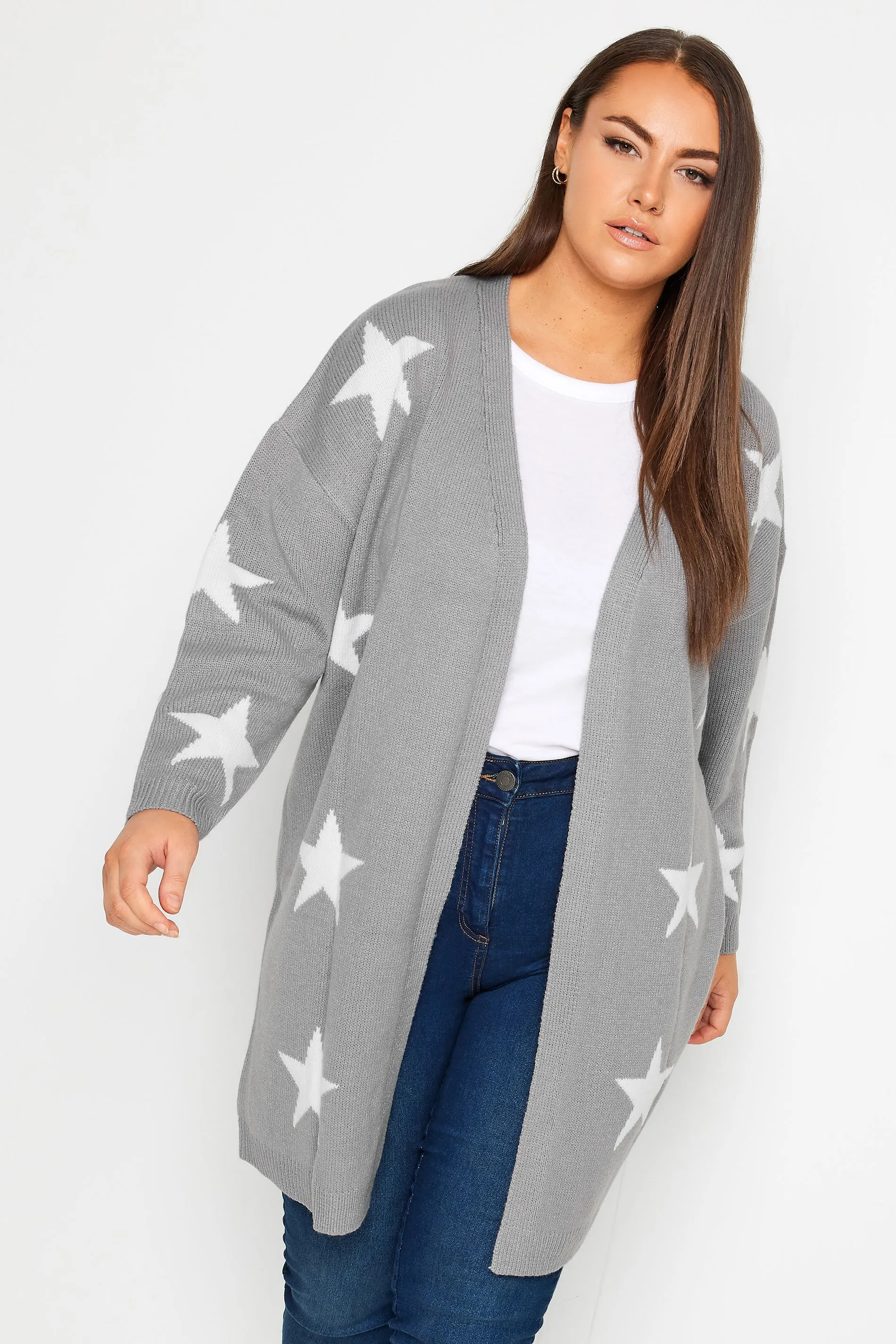 YOURS Curve Grey Star Print Longline Cardigan