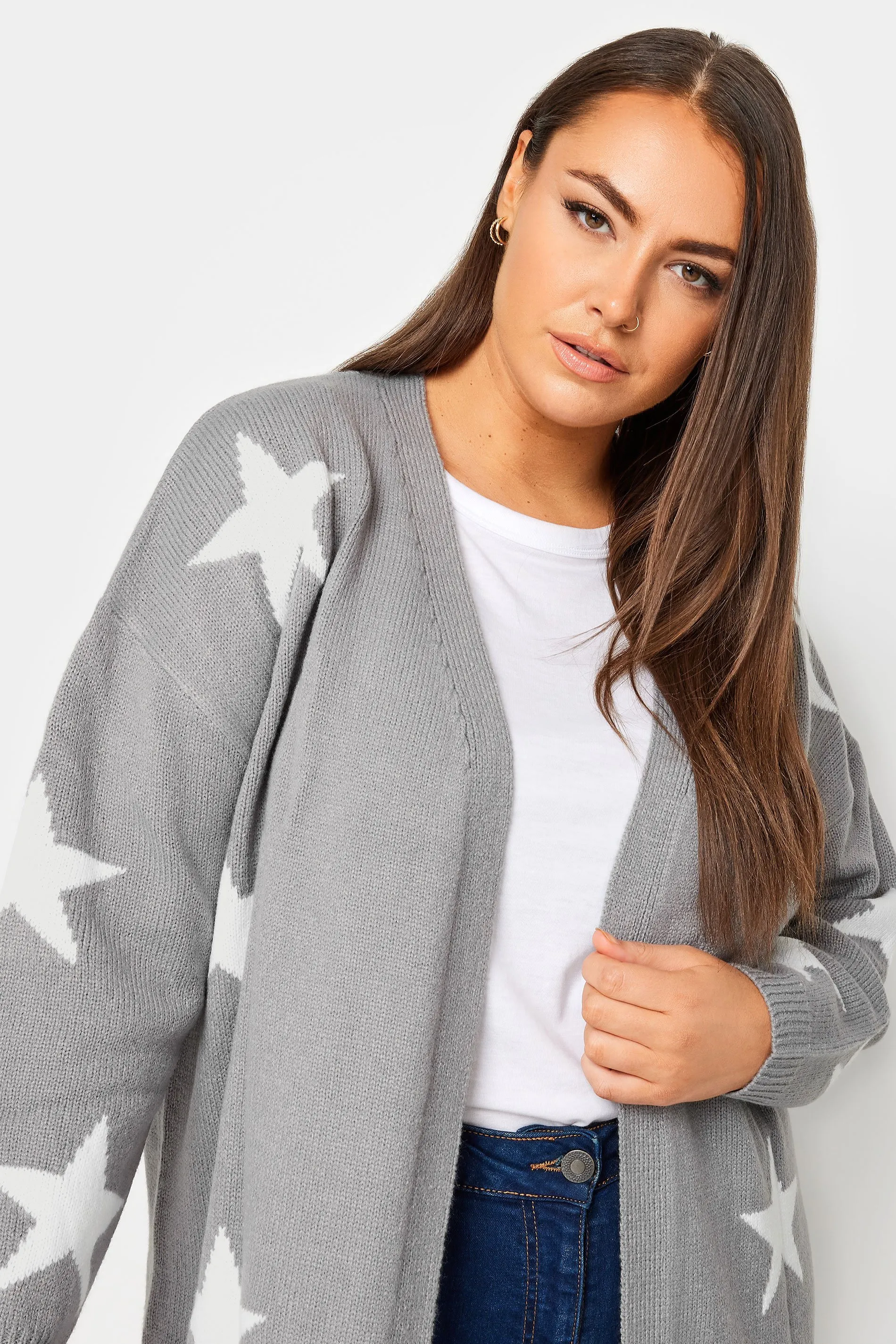 YOURS Curve Grey Star Print Longline Cardigan