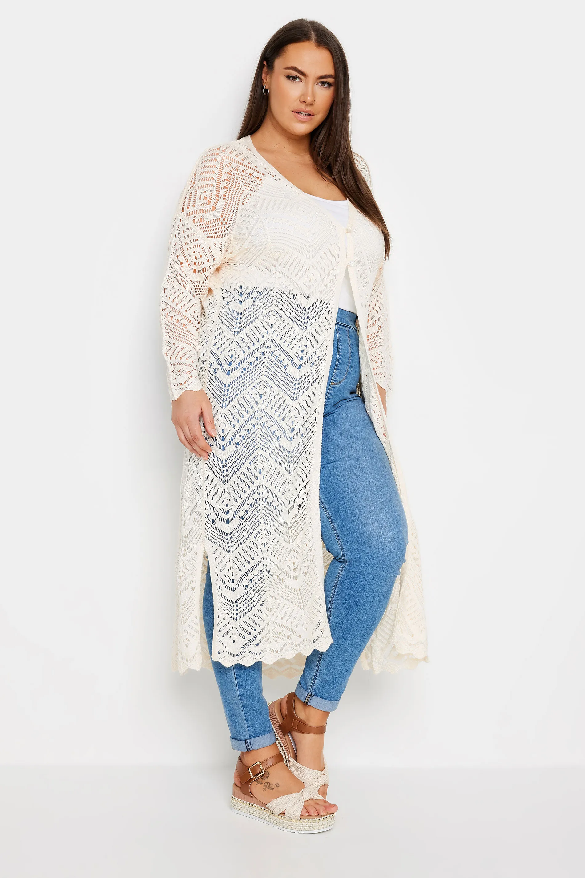 YOURS Curve Ivory White Maxi Crochet Cardigan