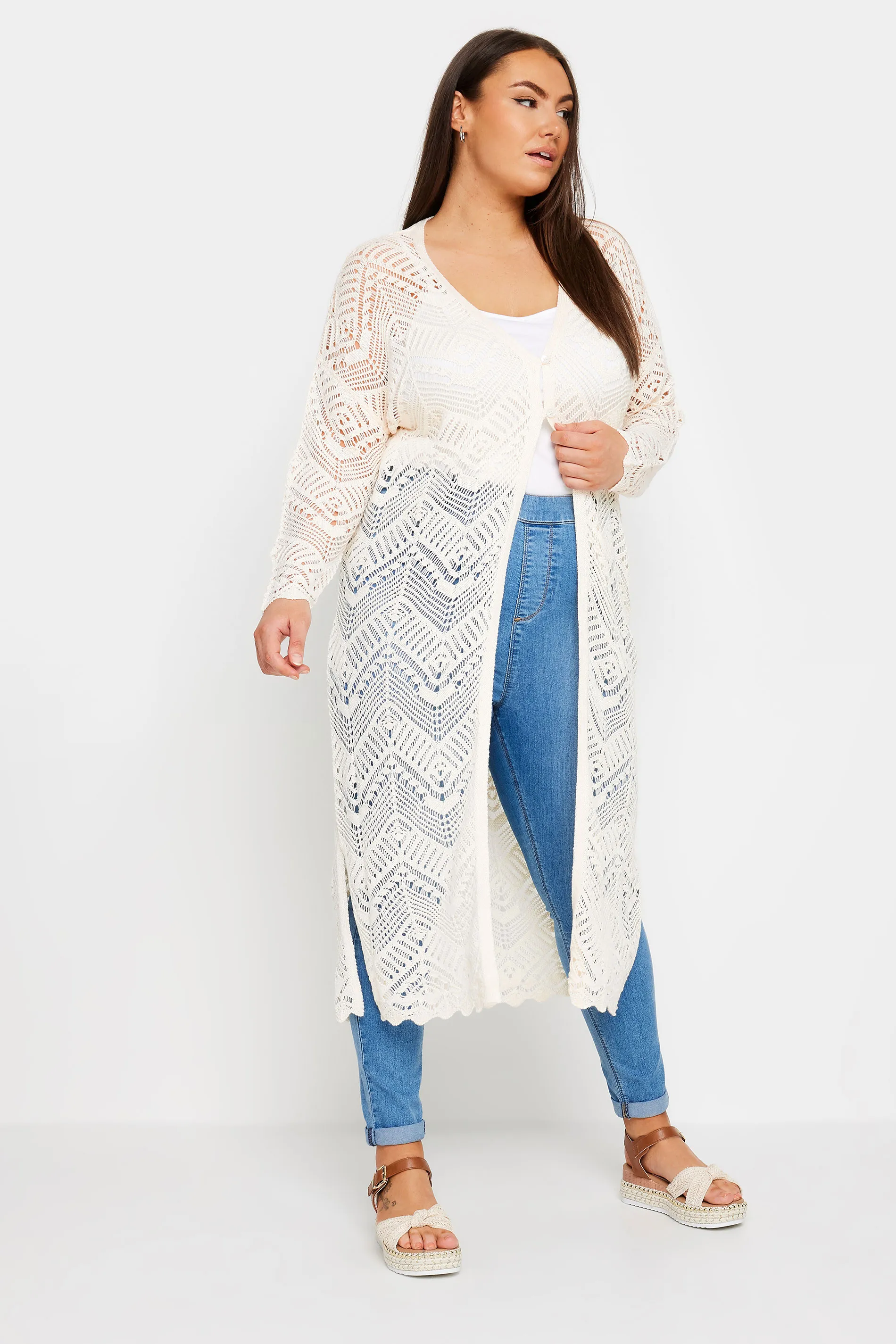 YOURS Curve Ivory White Maxi Crochet Cardigan