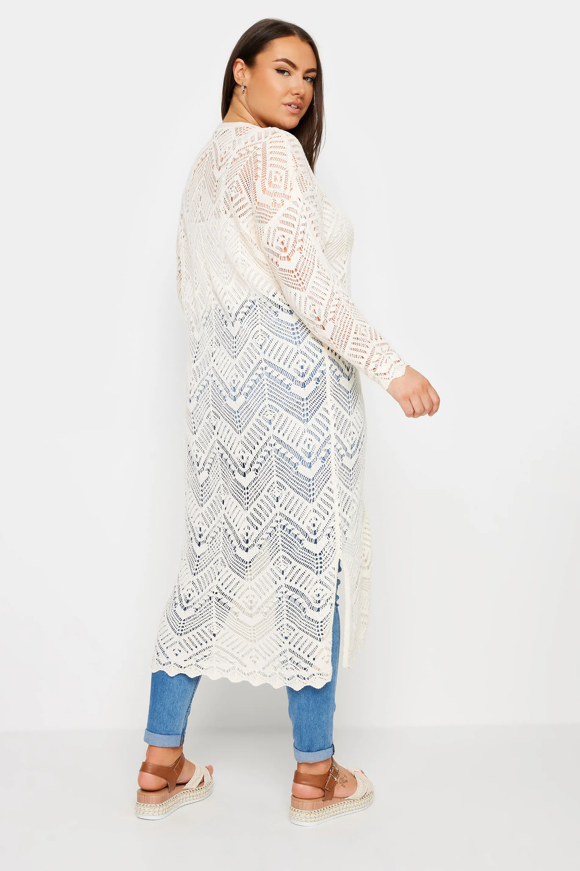 YOURS Curve Ivory White Maxi Crochet Cardigan