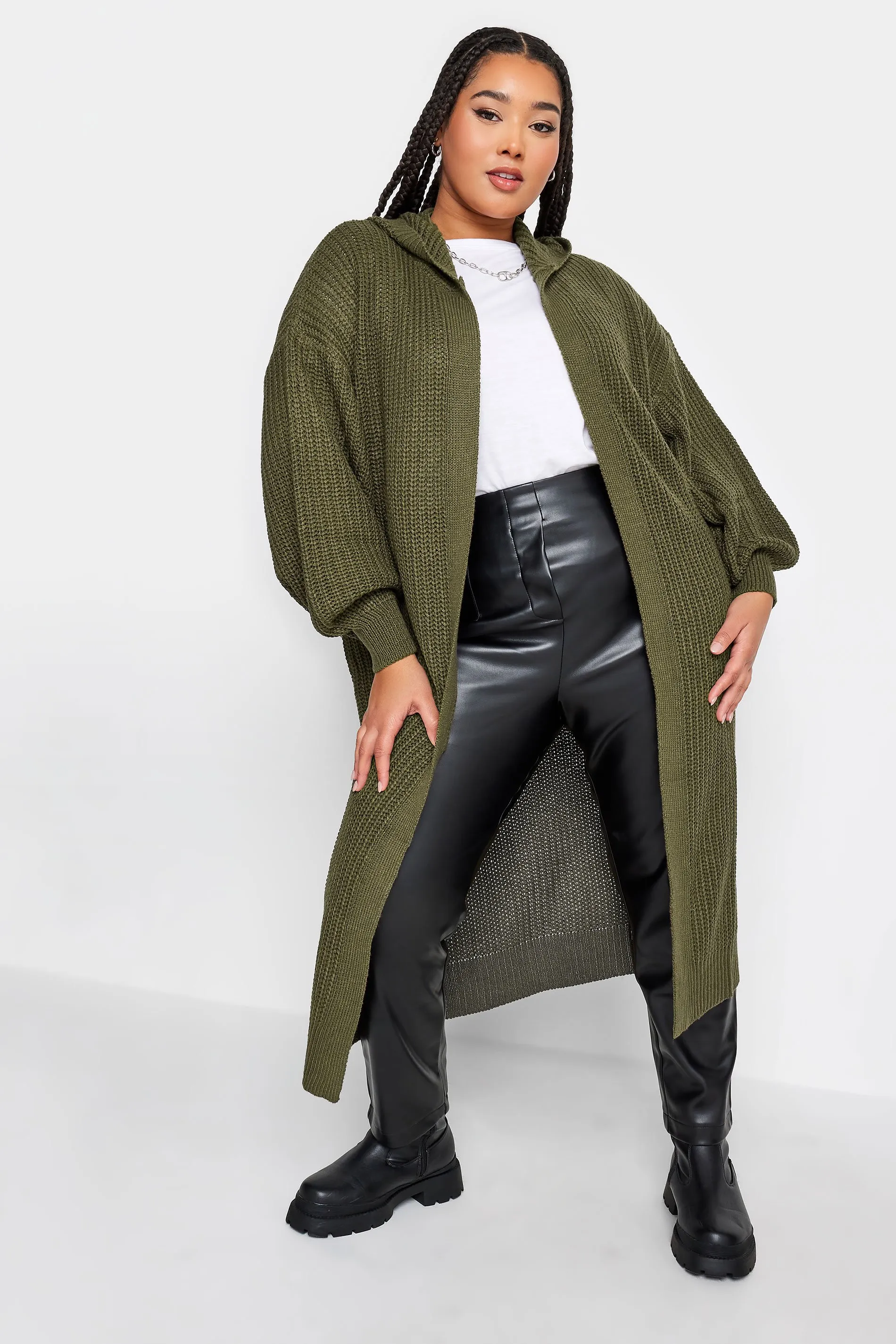 YOURS Curve Khaki Green Hooded Longline Cardigan