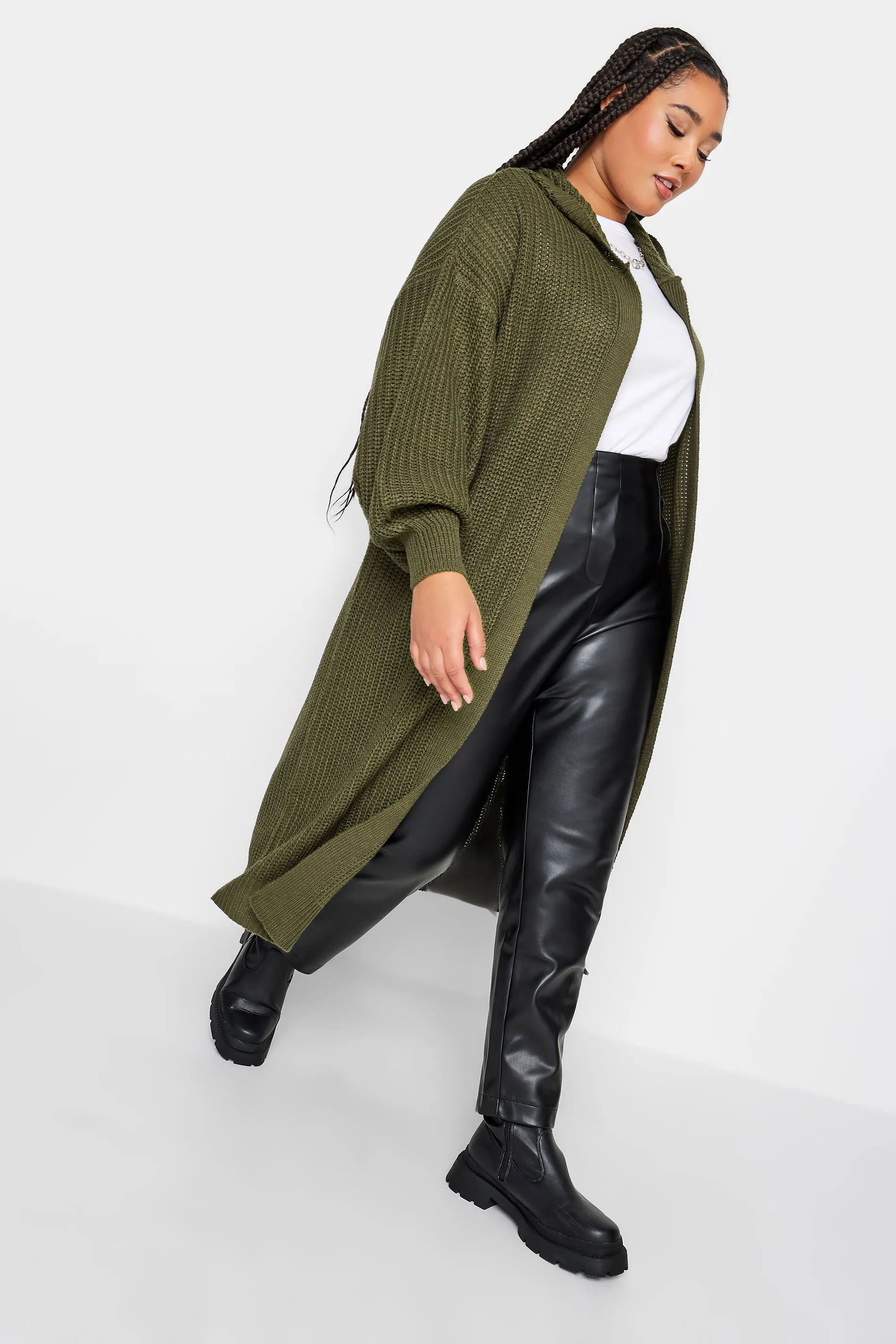 YOURS Curve Khaki Green Hooded Longline Cardigan