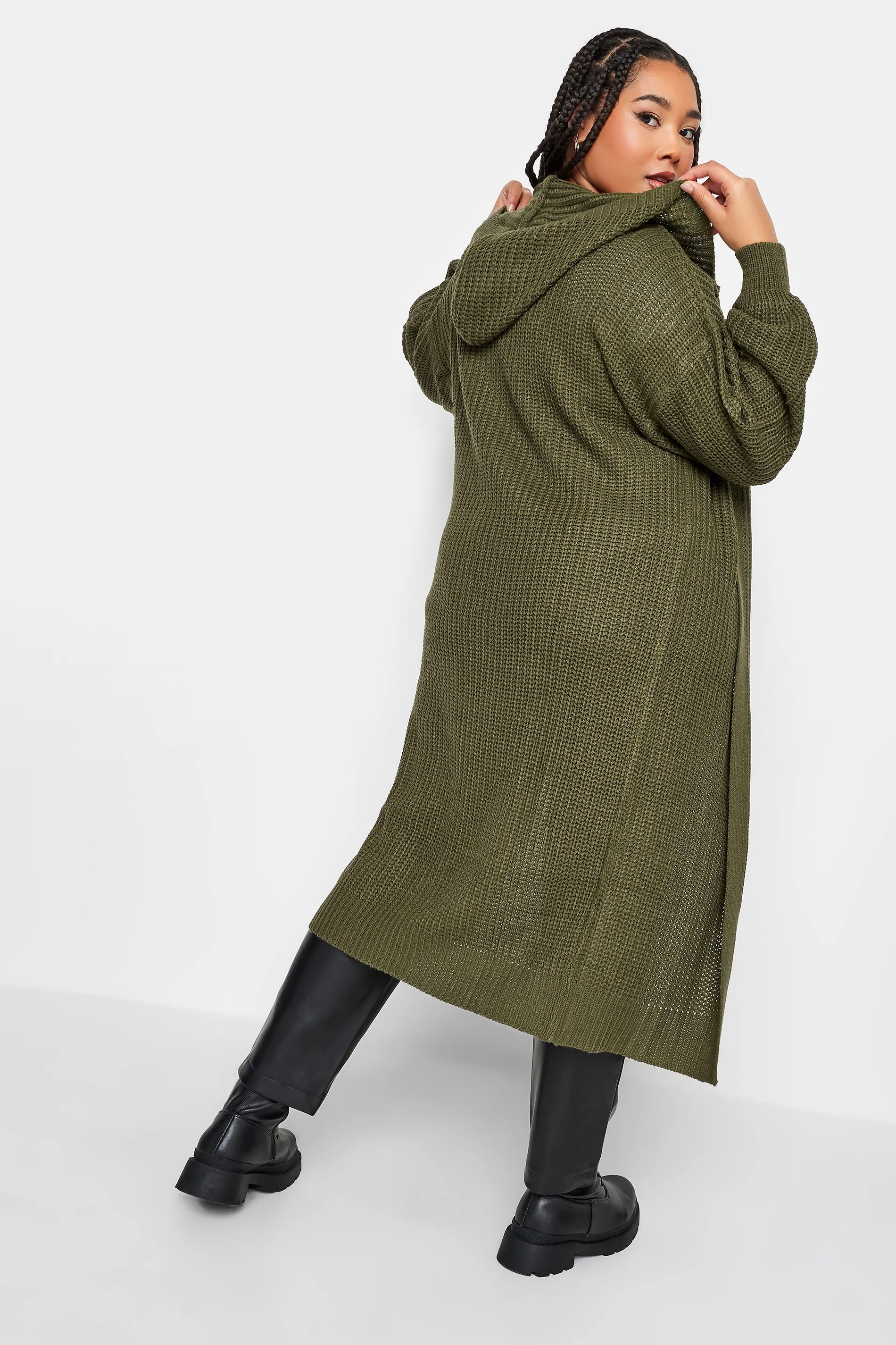 YOURS Curve Khaki Green Hooded Longline Cardigan