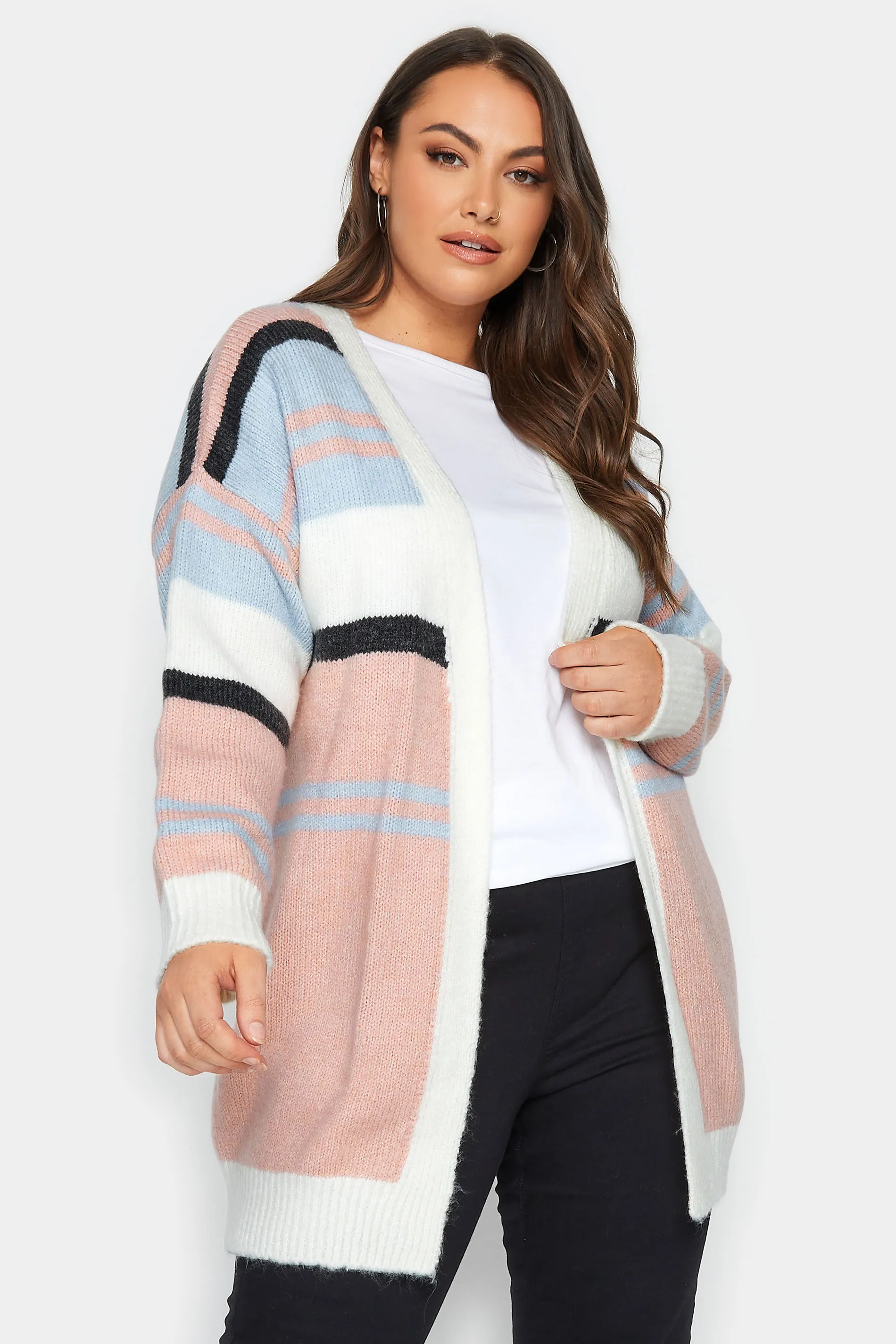 YOURS Curve Pink Colour Block Striped Cardigan