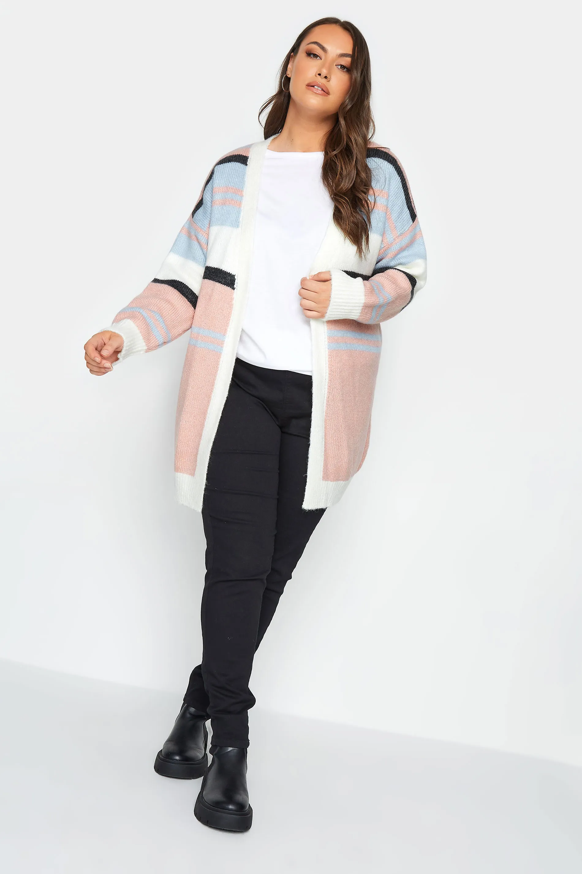 YOURS Curve Pink Colour Block Striped Cardigan