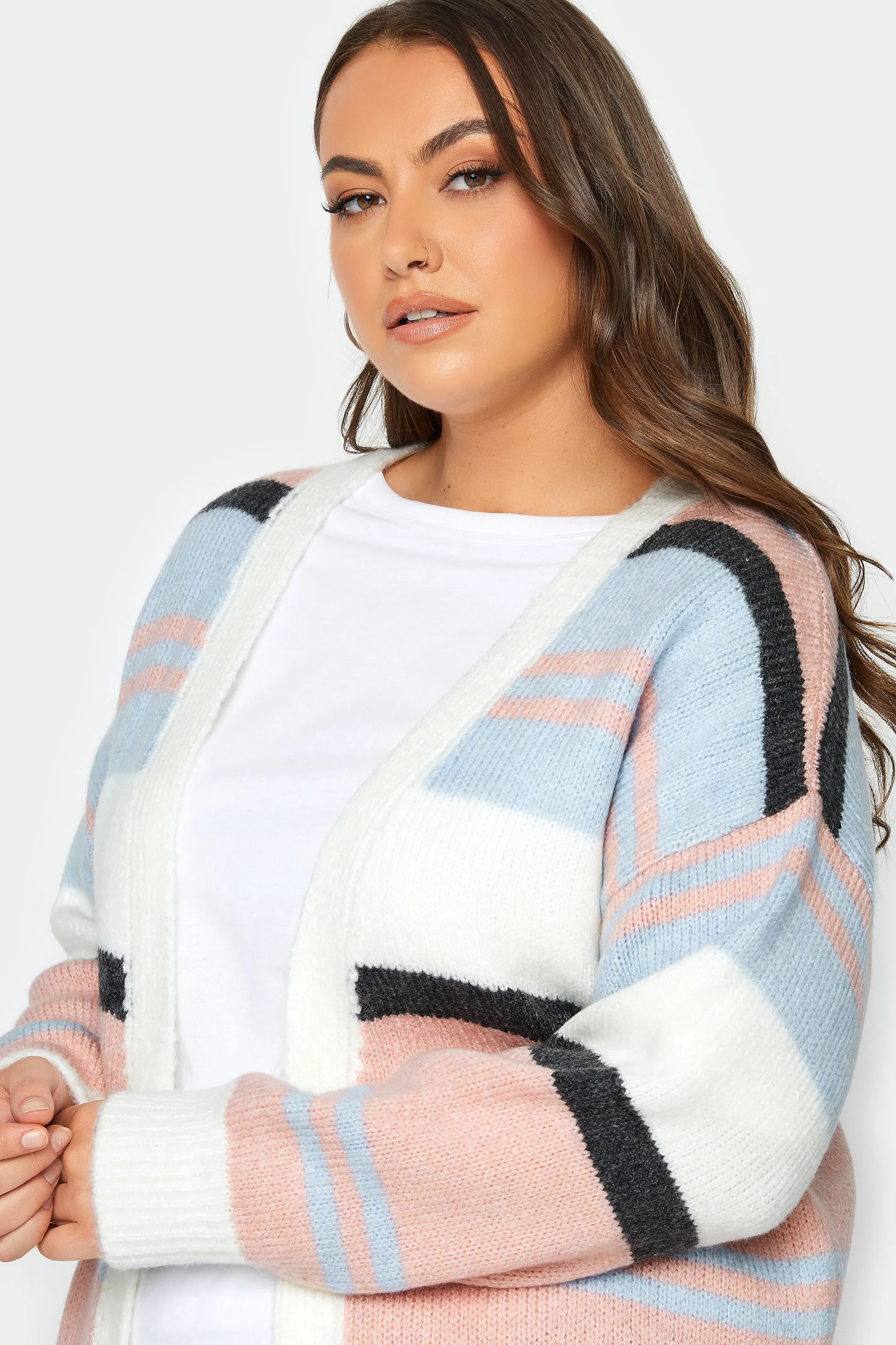 YOURS Curve Pink Colour Block Striped Cardigan